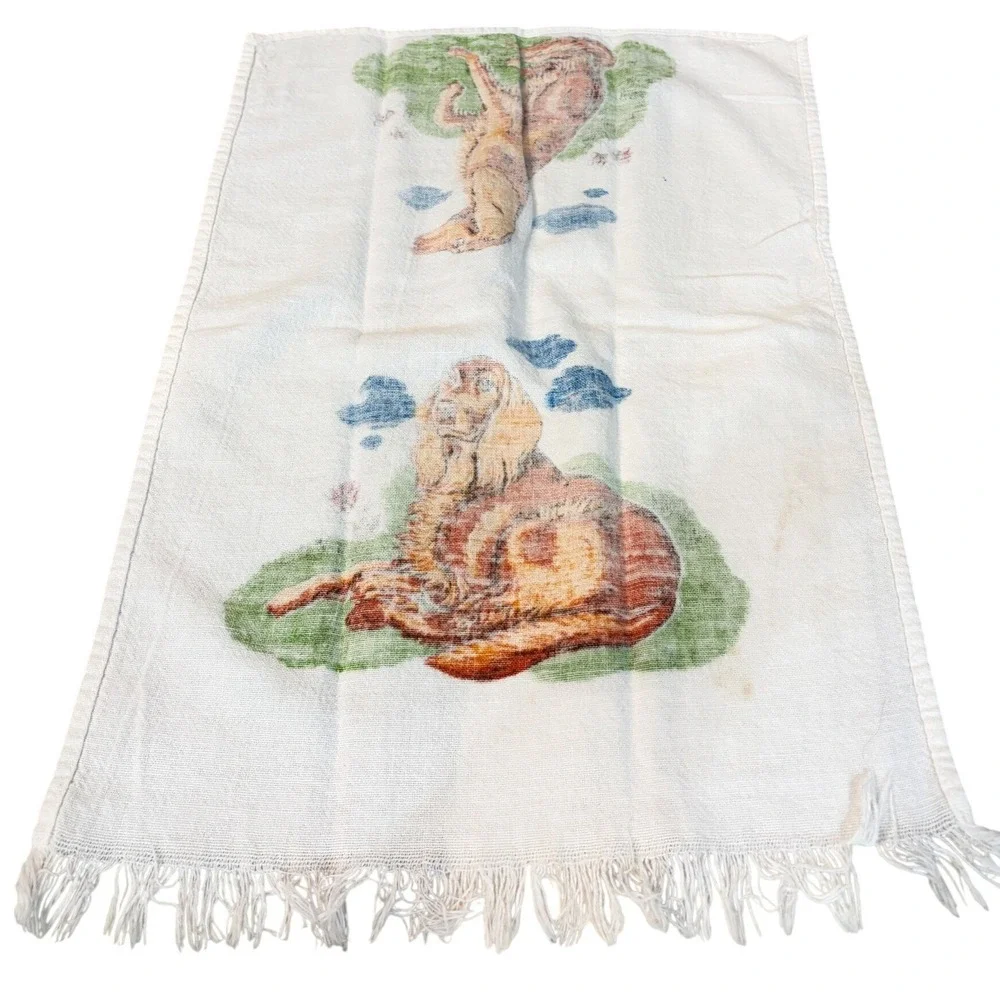 Vintage Golden Retriever Irish Setter Dog Tea Towel Fringed White Kitchen Linen